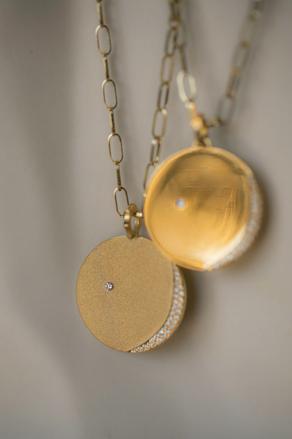 Matte Gold Pendant with Pave Diamonds in the shape of the New Moon