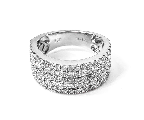 18K White Gold Diamond Band. Has stationed princess cut diamonds 0.68 ctw. and 4 rows of micropave set round diamonds 0.96 ctw. 

18K White Gold